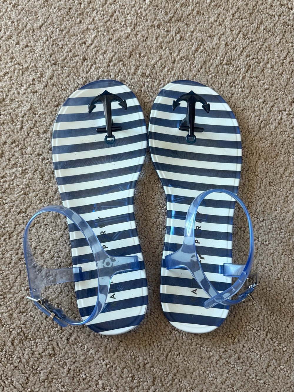 Katy Perry Collections Navy Blue and White Striped Anchor Jelly Sandals
